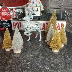 Glittery Bottle Brush Tree Silver And Gold Dazzling Reindeer Figurine  Lot Of 8